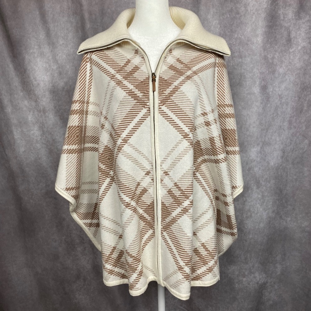 Max Studio Womens Plaid Zip Front Poncho Cream Tan Ribbed Collar SM